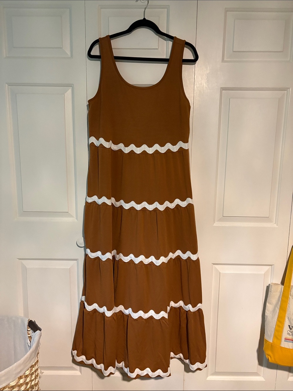 Sleeveless Tiered Maxi Dress in Brown with White Trim